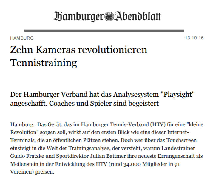 Hamburger Abendblatt über das Playsight Tennisanalyse-System beim Hamburger Tennis Verband