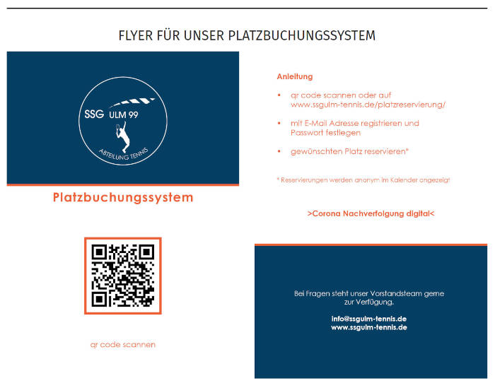 Flyer des SSG Ulm 99 e.V. zum Online-Buchungssystem zur Platzreservierung