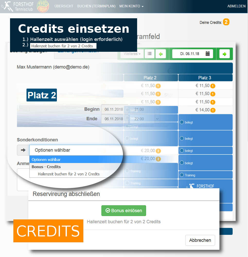 Online - Reservierungssystem:Buchung Credits einsetzen.