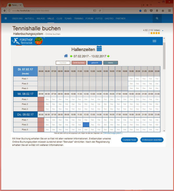 Screenshot Buchungssystem: Auswahl eines freien Tennisplatz.