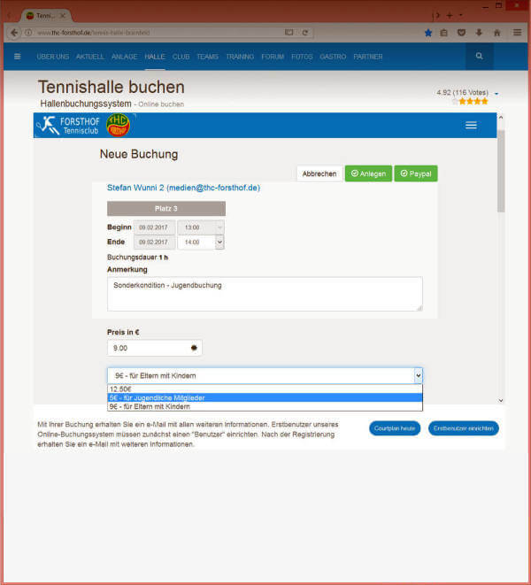 Screenshot Buchungssystem: Rabatte für einzelnde Gruppen/Benutzer