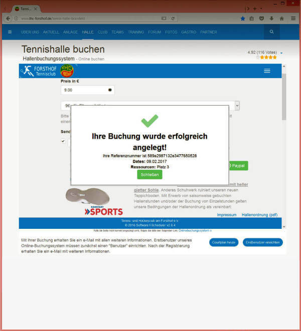 Screenshot Buchungssystem: Die erfolgreiche Online-Zahlung wird bestätigt.