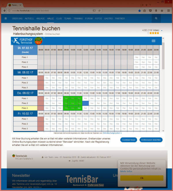 Screenshot Reservierungssystem: Auswahl eines freien Tennisplatz.
